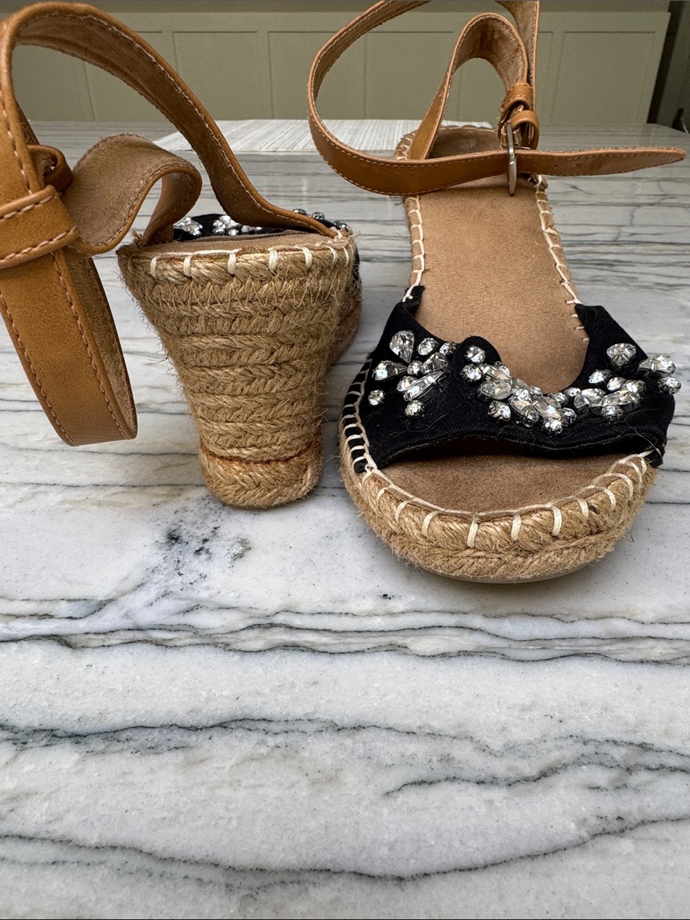 White Mountain Black Rhinestone Espadrille Wedge Sandal with Tan Ankle Strap - Picture 5 of 6